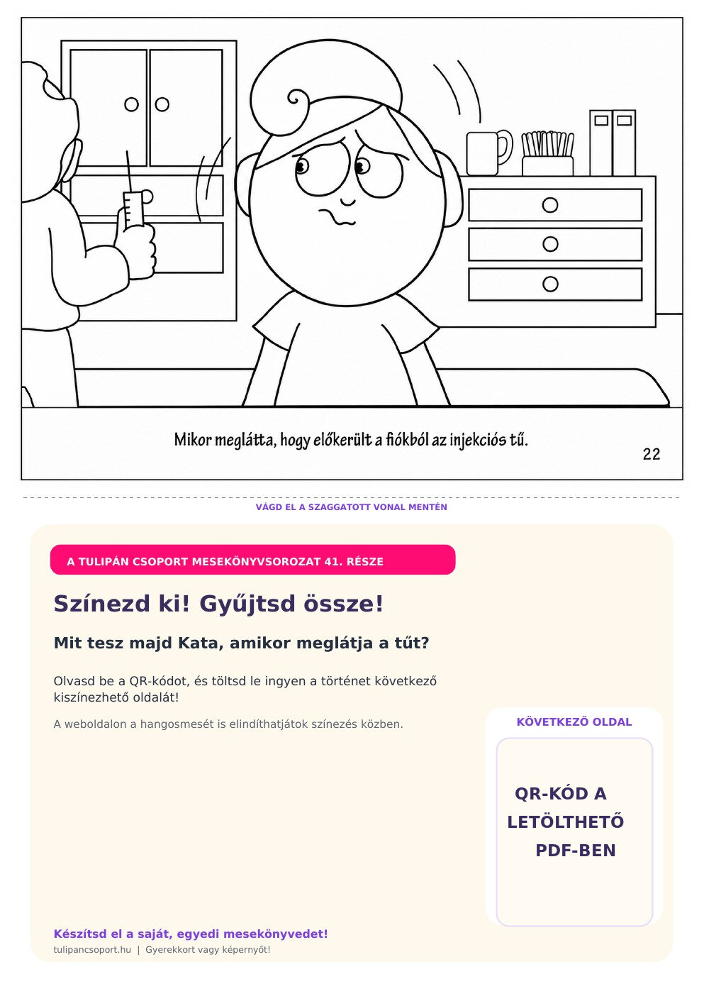 Kata meglátja az injekciós tűt – ingyenes nyomtatható színező óvodásoknak